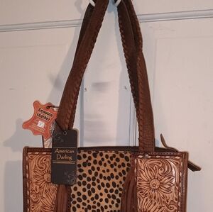 American Darling Genuine Tooled Leather,i Leopard Hair On Hide Tote with Fringe